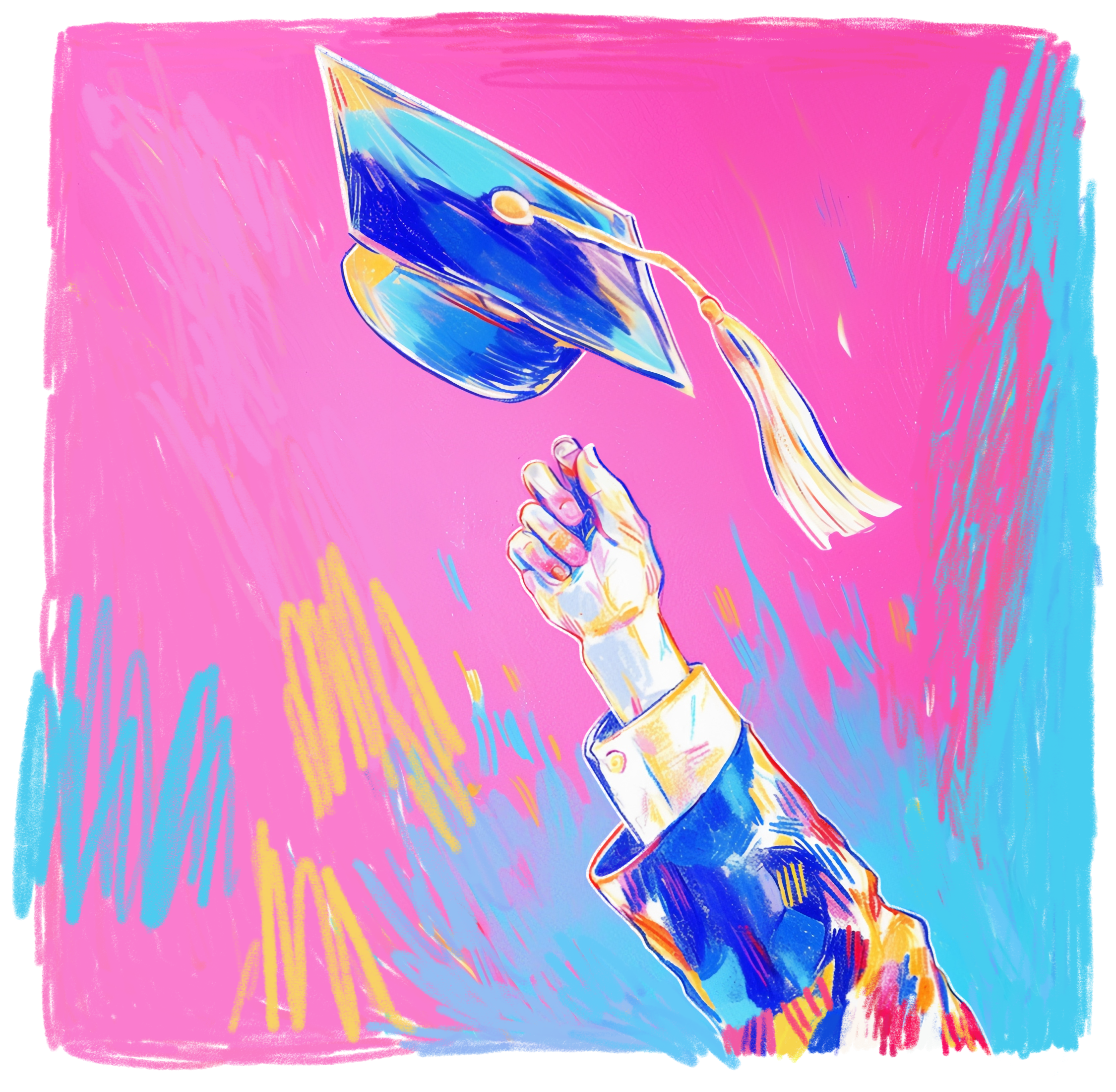 graduation cap thrown by raised hand in celebration